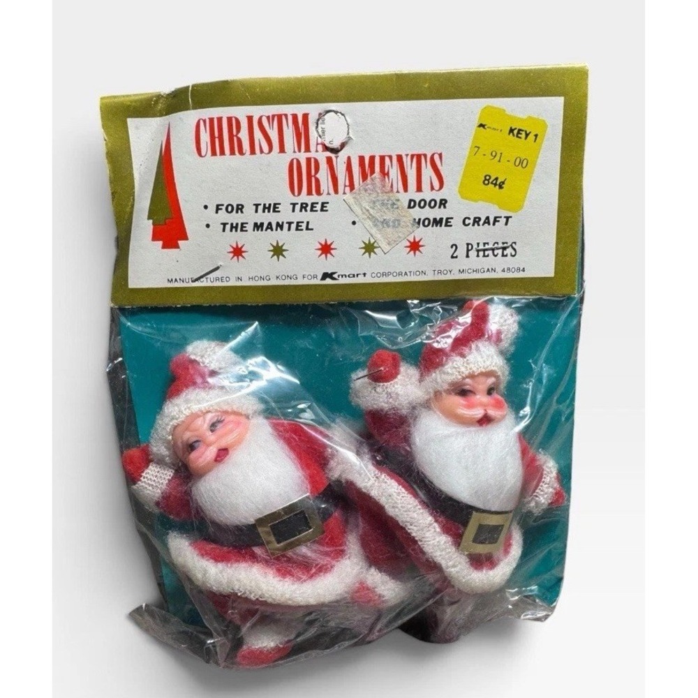 Vintage 1970s Kmart Santa Christmas Ornaments 2 Pc Hong Kong Original Package
